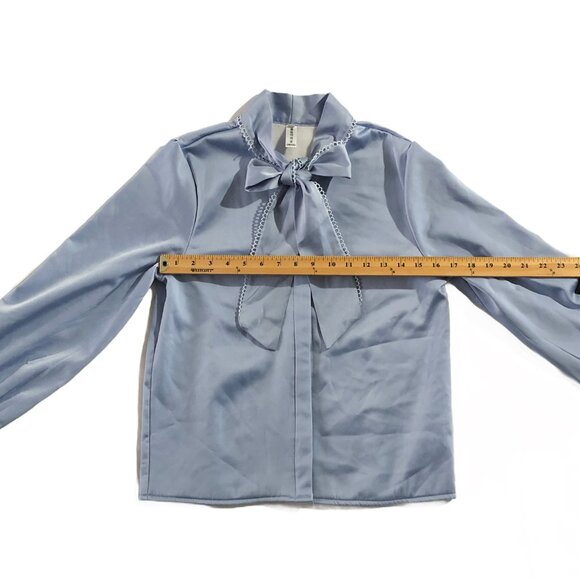 Vintage Onyou Blouse Womens Size S Light-Blue Long-Sleeve Bow-Tie Neck Blouse - Picture 4 of 7